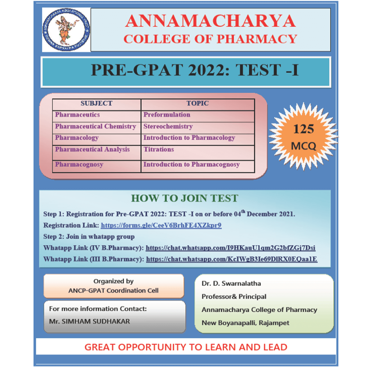 PRE GPAT 2022 –TEST- I for B PHARMACY STUDENTS   