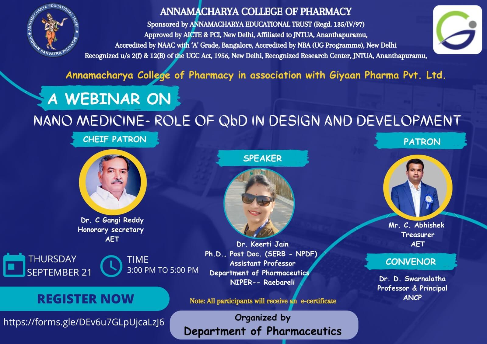 WEBINAR on  “Nanomedicine-role of QbD in design and development” on  21/09/2023 